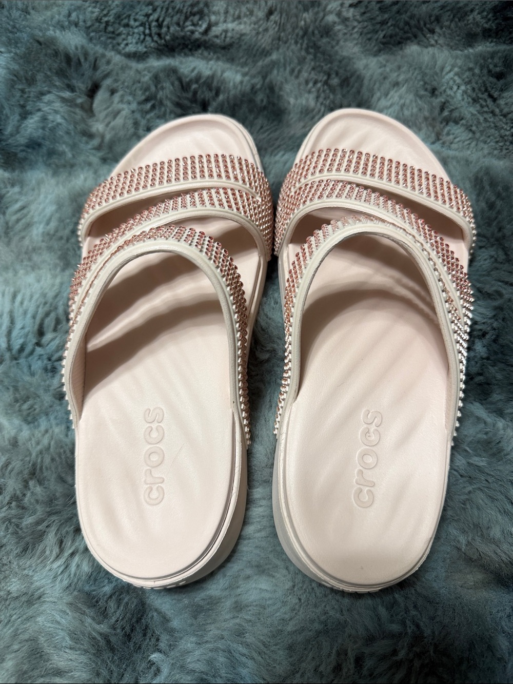 CROCS Women's Light Pink Rhinestone Strap Slide Sandals